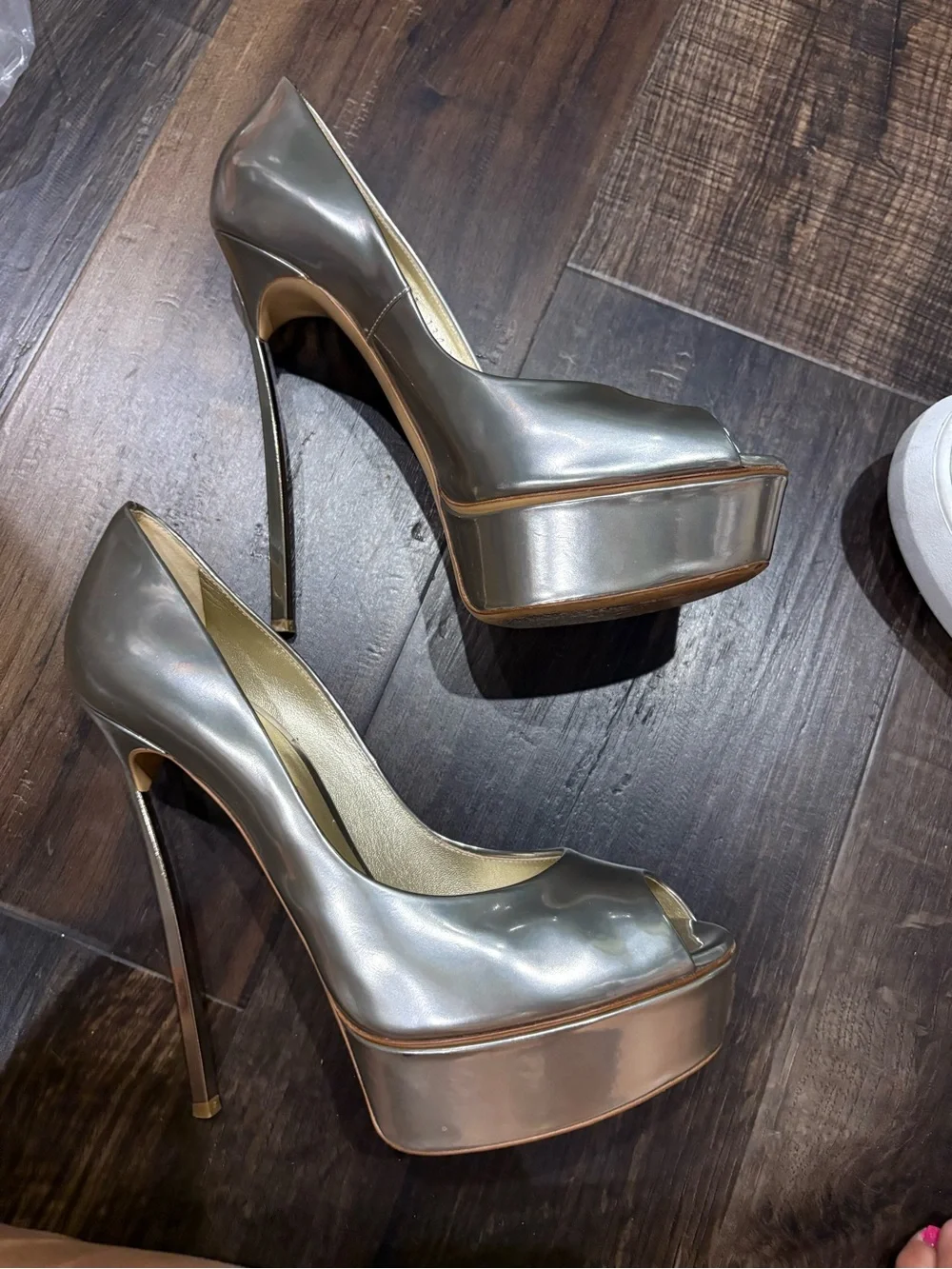 CASADEI- Metallic Silver High Heel Peep-Toe Platform Pumps